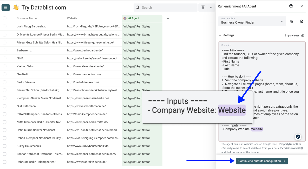 How To Find Small Business Owners - AI Agent Inputs Configured